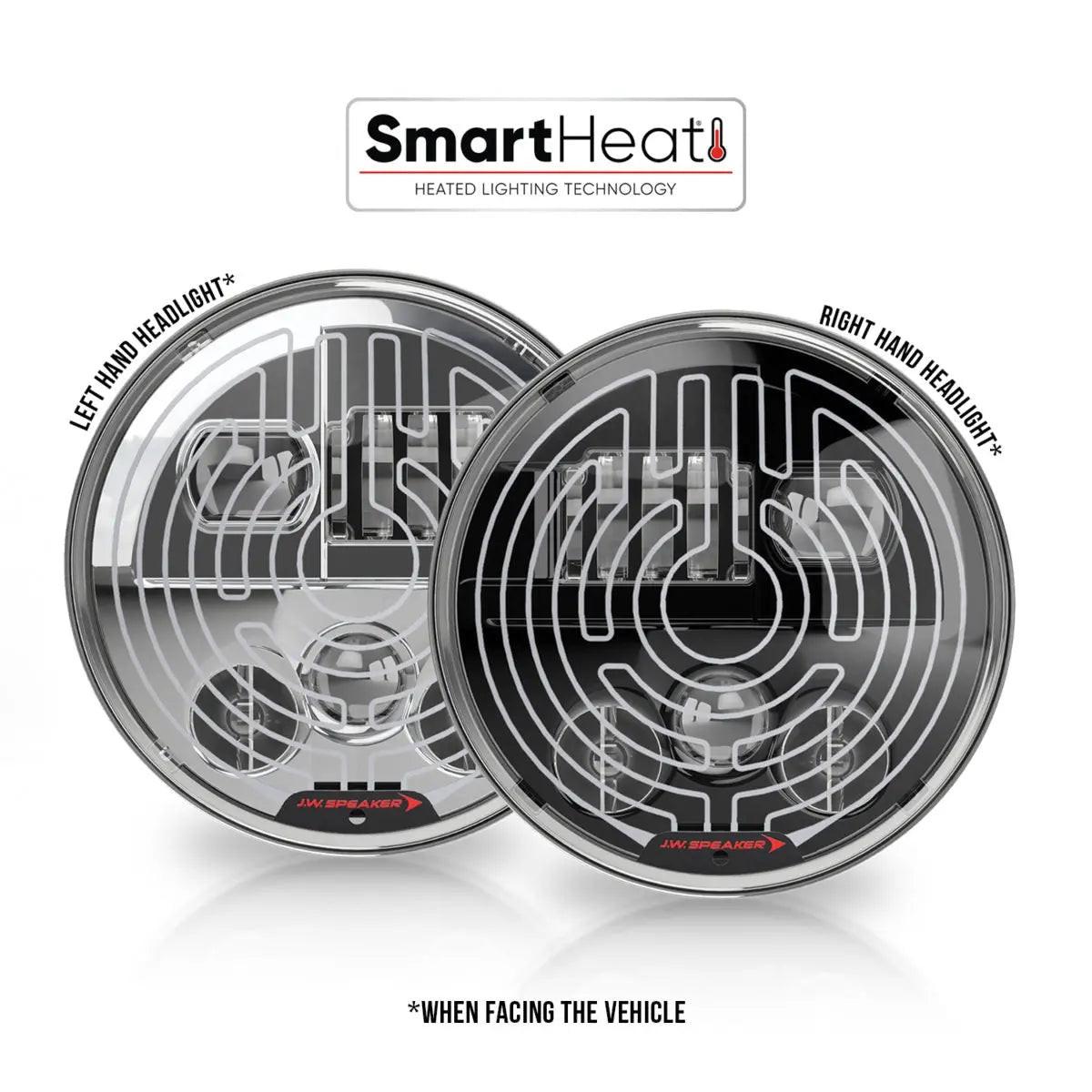 J.W. Speaker Model 8730 Shallow 7″ Round LED Headlights – Black, Heated, High/Low Beam (Pair, 12–24V).